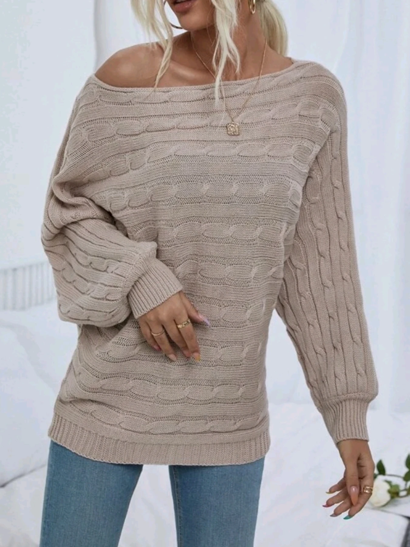 Autumn and winter sweater women clothing simple temperament solid color twist texture one shoulder loose casual knitted pullover