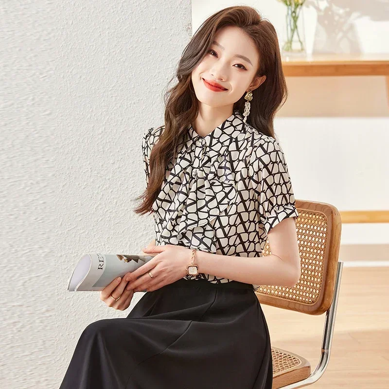 

Элегантная женская рубашка с оборками, новые летние темпераментные тонкие шифоновые блузки с короткими рукавами, офисные женские рабочие топы