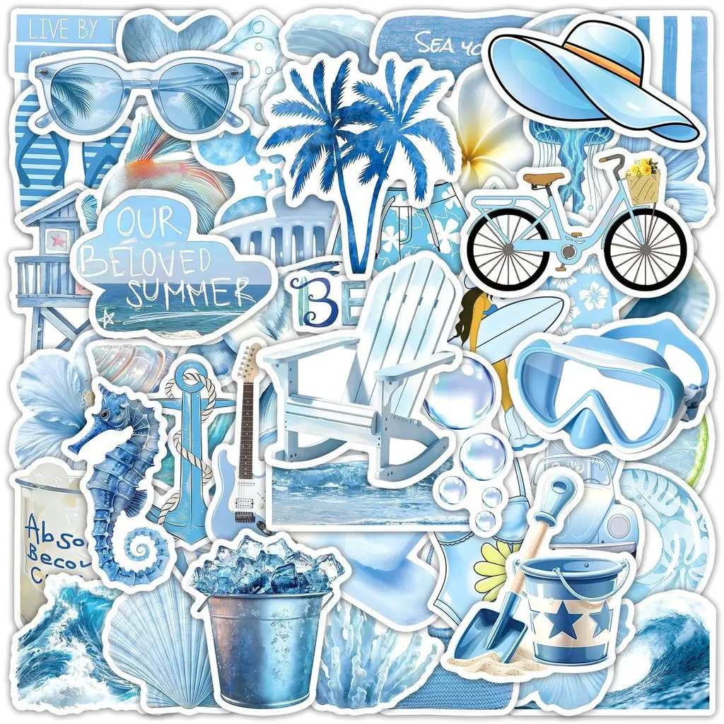 50 Sheets Blue Ocean Marine Creature Waterproof Vinyl Stickers Fresh Aesthetic Decals for Tumbler DIY RecordingYourLife Store