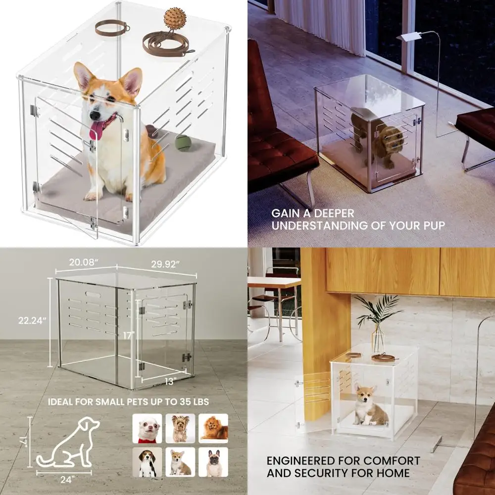 

Clear Acrylic Dog Crate Furniture - Lockable End Table for Small to Medium Dogs Up to 45lbs, Heavy-Duty Indoor Use