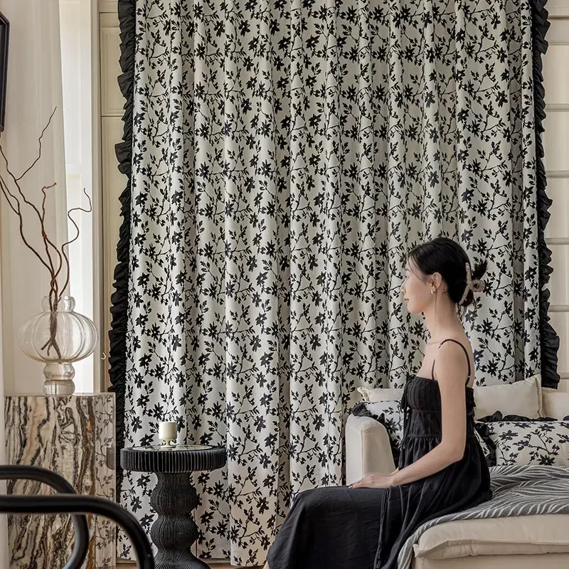 

Fashion Modern Valance Decor Ink Black Jacquard Fabric Retro Light Luxury Shading Curtains for Living Dining Room Bedroom