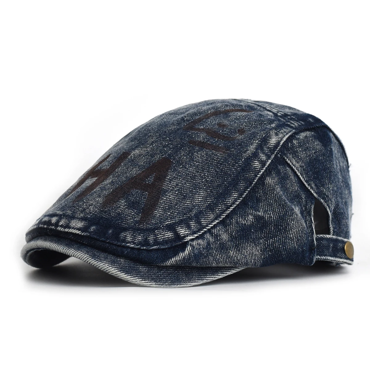 

Vintage Retro Denim Beret – Adjustable Letter Print Washed Duckbill Cap Japanese Solid Color Newsboy Hat for Men & Women