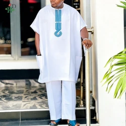 H&D New African Clothes for Men Tradition Clothing Embroidery Blue White 2 Pcs Set Top Pant Muslim Wedding Party Dashiki 2026