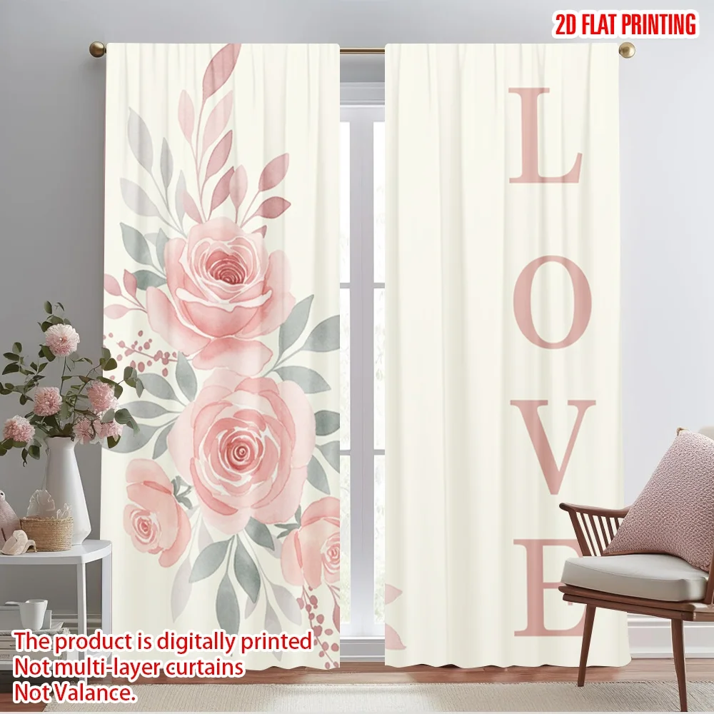 

2pcs 2D flat printing Curtains Pink Roses Love Polyester Without Electricity Holiday Decorations for room decor aesthetic