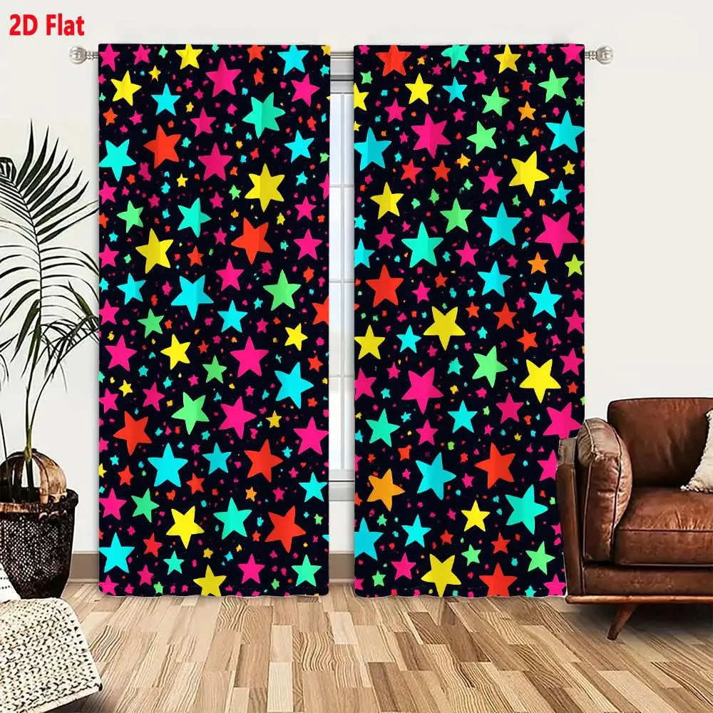 2Pcs Curtains 2D Flat Dark Blue Black Background Colorful Stars And Dots Seamless Pattern Vibrant Festive Whimsical Playful Repe