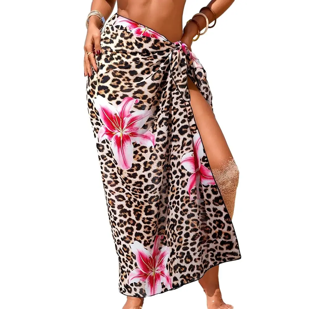 

Women Sheer Sarong High Slit One Size Swimsuit Coverups 2026 Summer Floral Print Chiffon Wraps Beach Cover Up