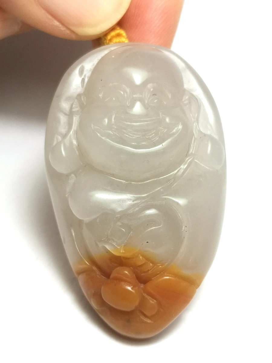 YIZHU CULTUER ART 100% Natural Hand-carved Chinese Jade Necklace Pendant Happy Maitreya Buddha statue Wonderful Gift