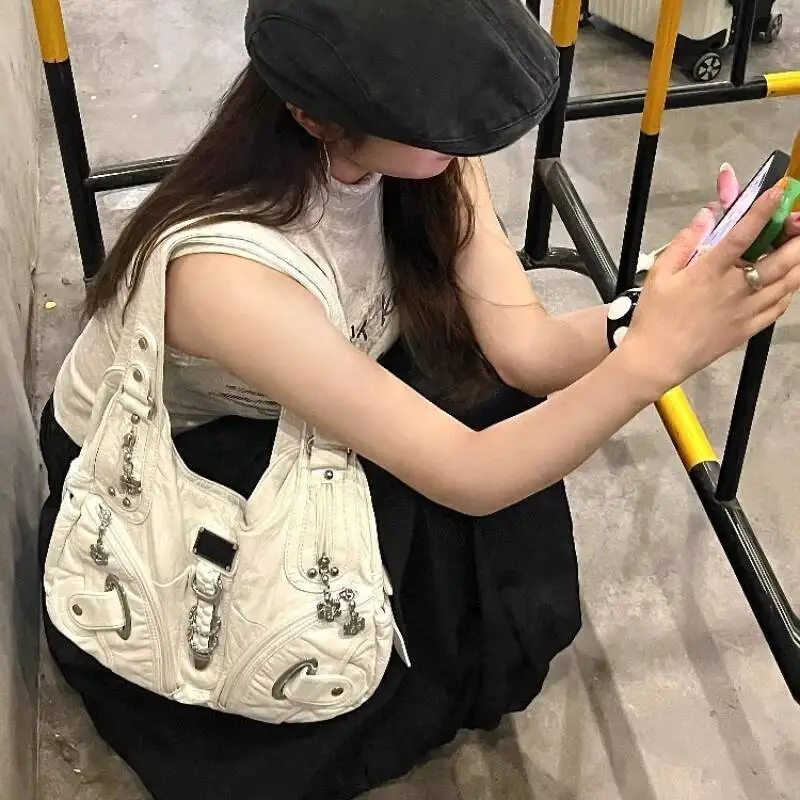 Trendy Women Vintage Chain Handbags All Match Office Lady Simple Fashion Underarm Bag Casual Y2k Aesthetic Zipper Shoulder Bags