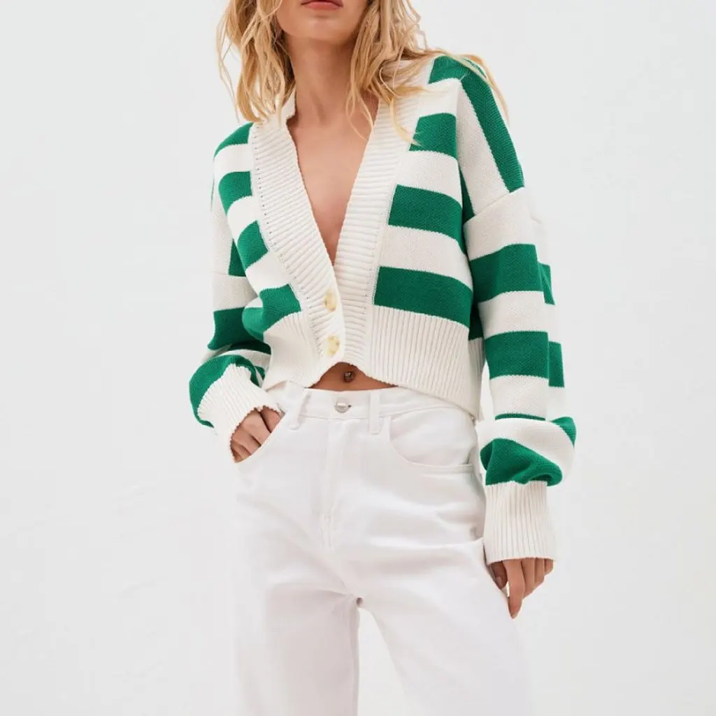 

Women's Knitted Cardigan Jacket Spring Loose Design Contrast Color European American Style Russian Sweater