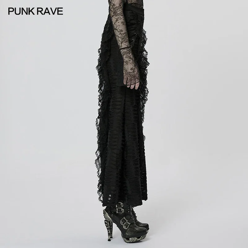 PUNK RAVE Women's Gothic Gorgeous Wavy 3D Lace Sexy Long Skirt Dark Style Fashion Personality Hollow Out Skirts Women Spring