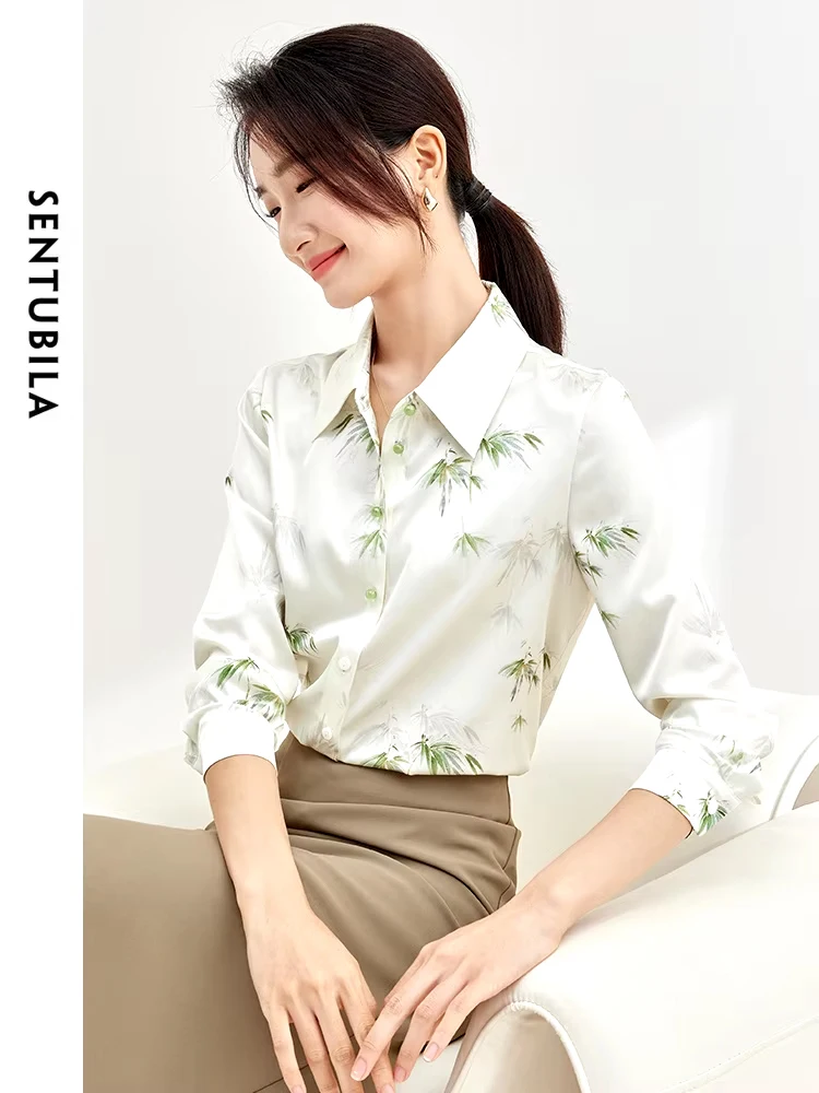 SENTUBILA Women\'s Chiffon Shirt Fashion Women Blouses 2024 Autumn Shirts With Bamboo Pattern Beautiful Long Sleeve Top 133C52014