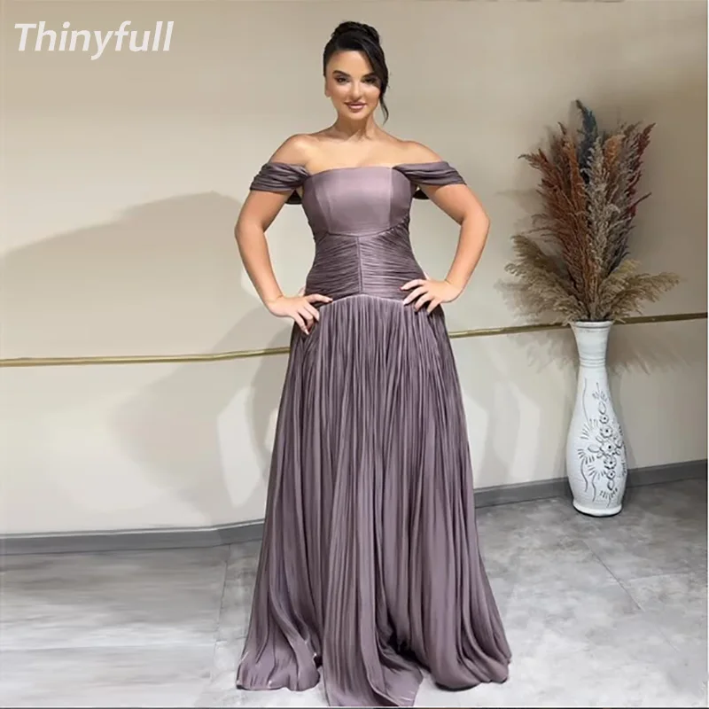 

Thinyfull A-line Off Shoulder Arab Prom Dress Strapless Glitter Satin Pleat Evening Dresses Long Gown Robe De Soirée Customized