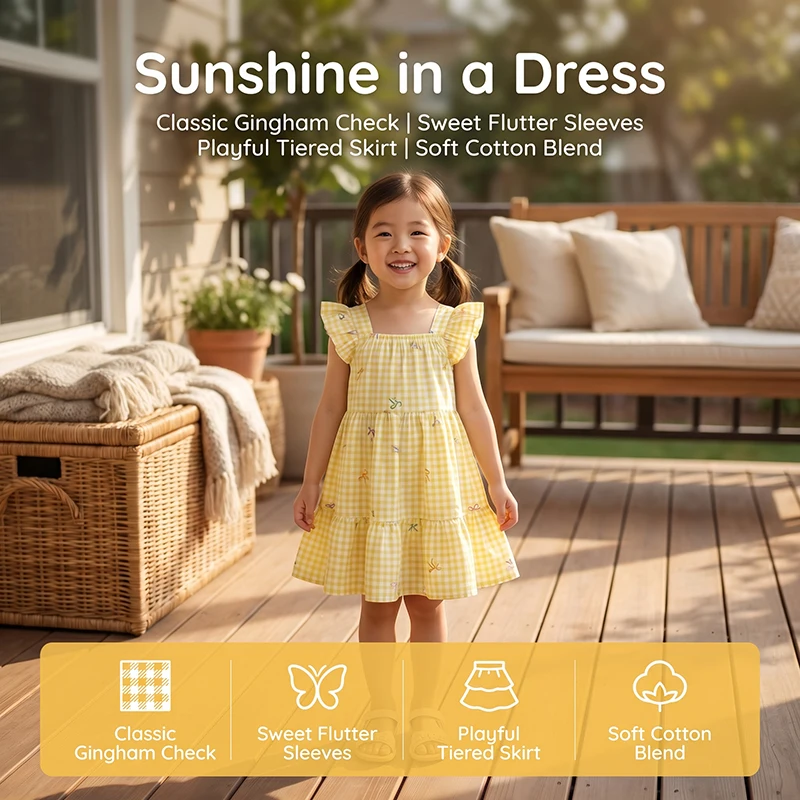 Korean Style Kids Girls Gingham Plaid Summer Dress Sweet Bow Ruffle Strap Sundress Loose Tiered Children Daily Clothing