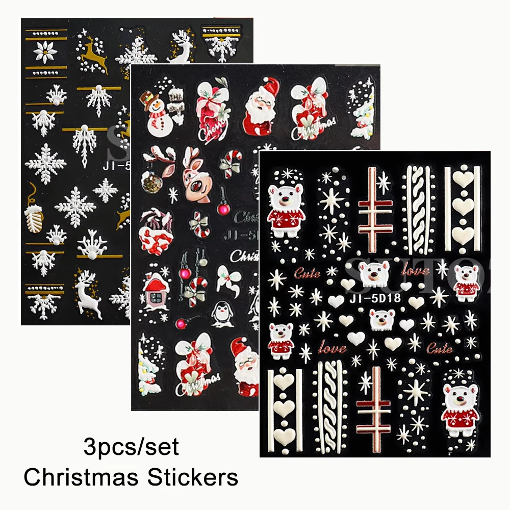 

1/3pcs Christmas Nail Art Stickers Winter Christmas Snowflake Bear 5D Raised Nail Patch for Festive Manicures Christmas Nails