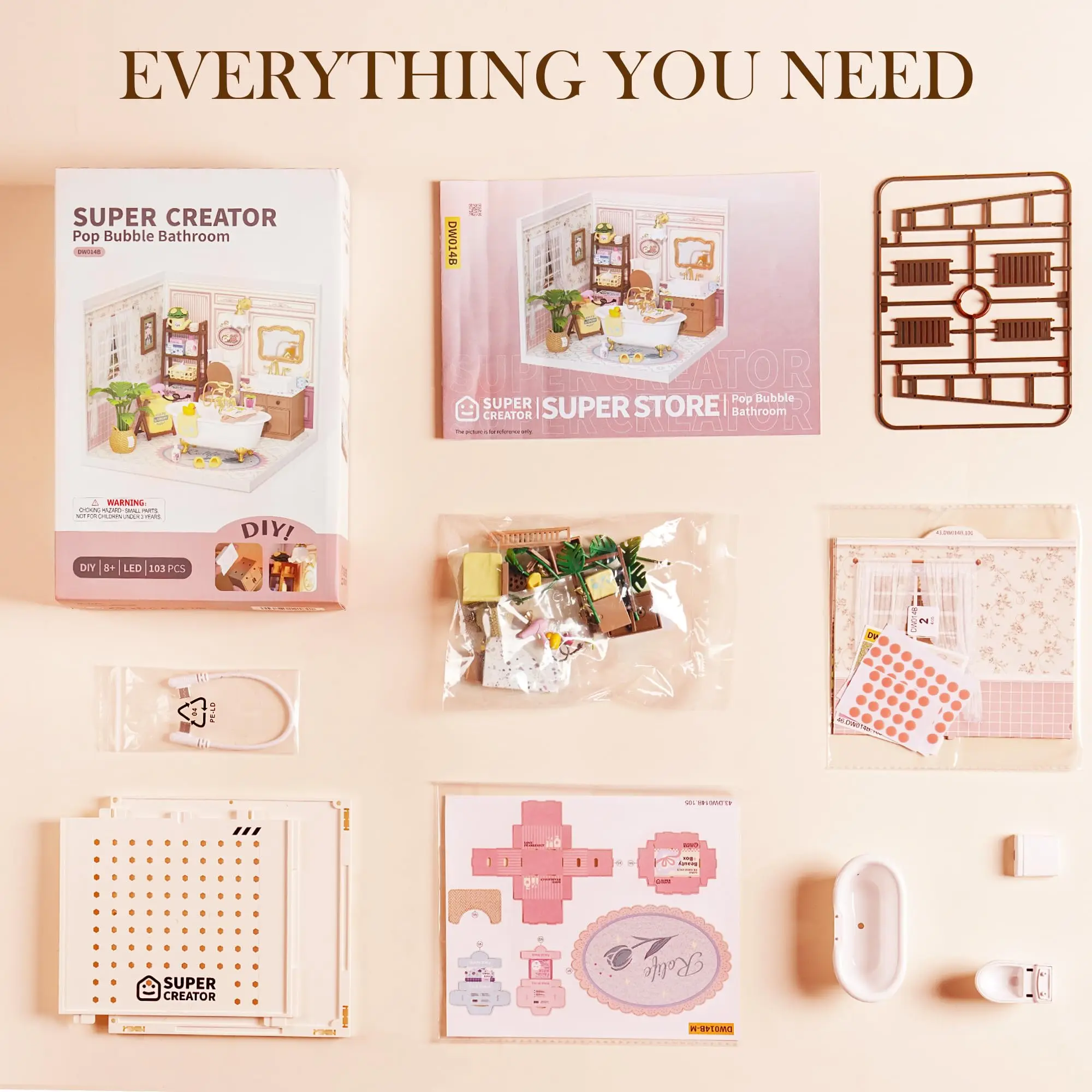 ROBOTIME DIY Miniature House Kit, ตุ๊กตาชุดอาคารชุดของขวัญวันเกิดสร้างสรรค์สําหรับผู้ใหญ่, เด็ก (ห้องน้ํา Pop Bubble)