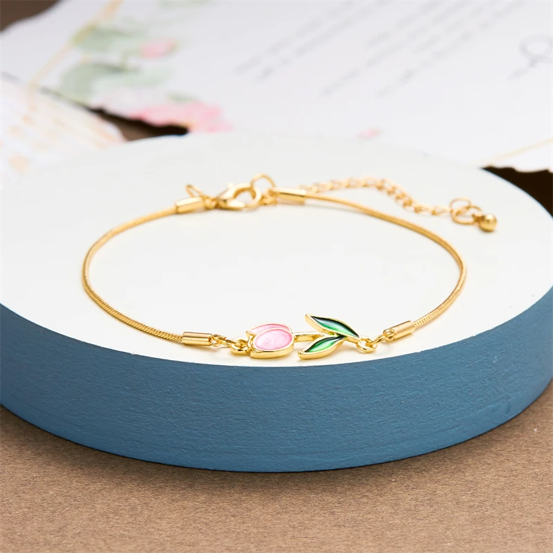 New Fashion Elegant Tulip Rose Bracelet For Women Vintage Colorful Flower Gold Color Metal Chain Bracelets Aesthetic Jewelry