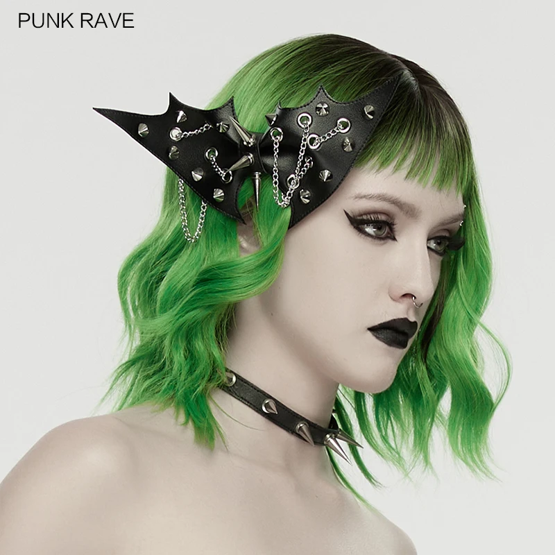 

PUNK RAVE Женская заколка для волос в стиле панк из синтетической кожи в форме летучей мыши с бантом, острыми шипами и подвижной цепочкой, аксессуар для создания дерзкого образа
