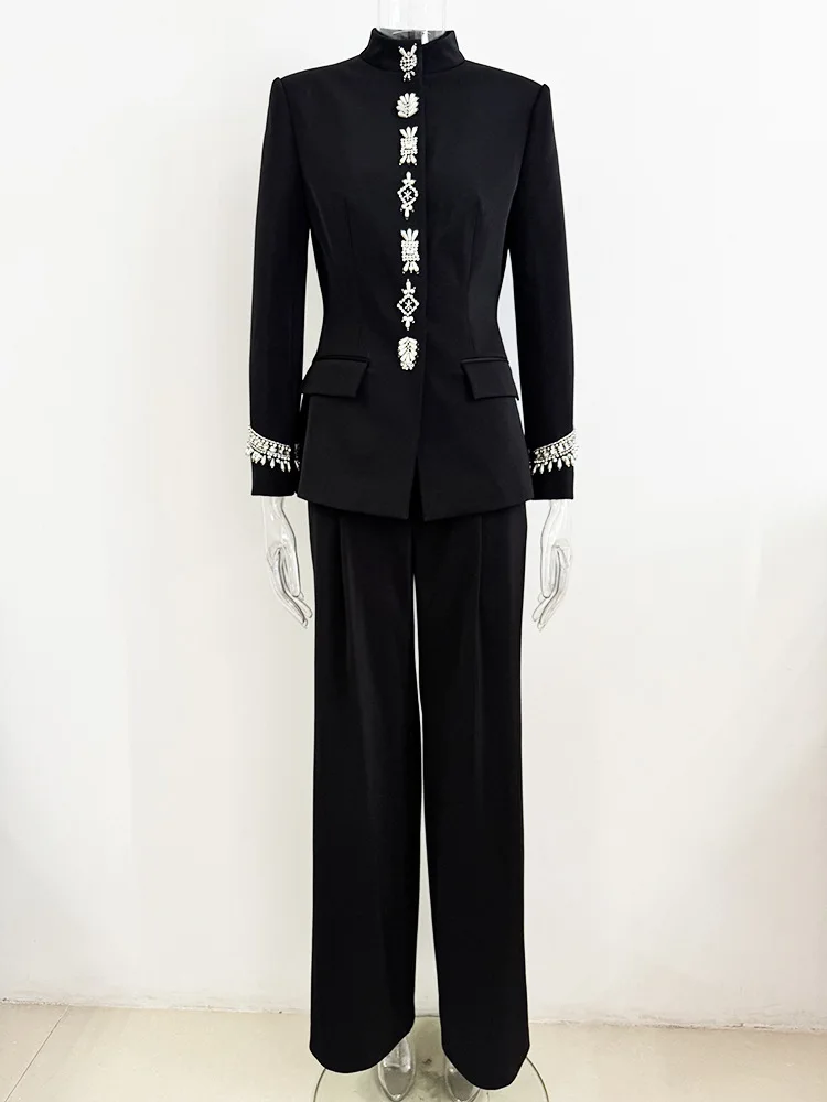 HIGH STREET Newest 2025 Designer Suit Women Beaded Diamonds Stand Collar Jacket Pants Suit 2pcs Set ﻿