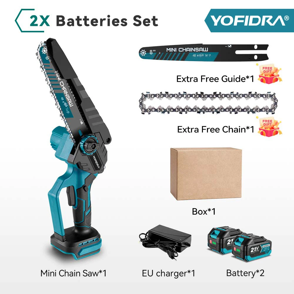 YOFIDRA 8 Inch Borstelloze Elektrische Kettingzaag Draadloze Oplaadbare Houtbewerking Tuin Snoeizaag Gereedschap Voor Makita Accu Pin