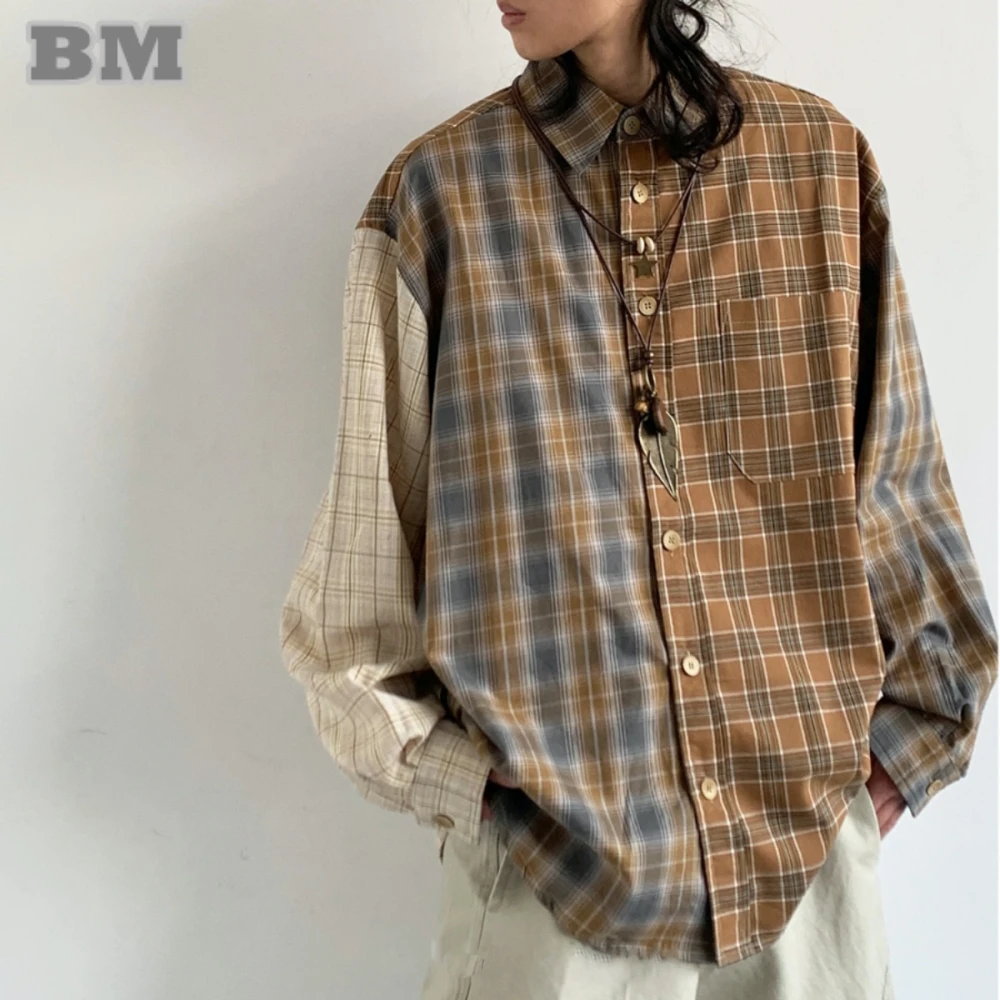 Spring Fall Vintage Plaid Shirt For Men Women Preppy Style Unisex Color Block Casual Long Sleeve High Quality Trendy Streetwear