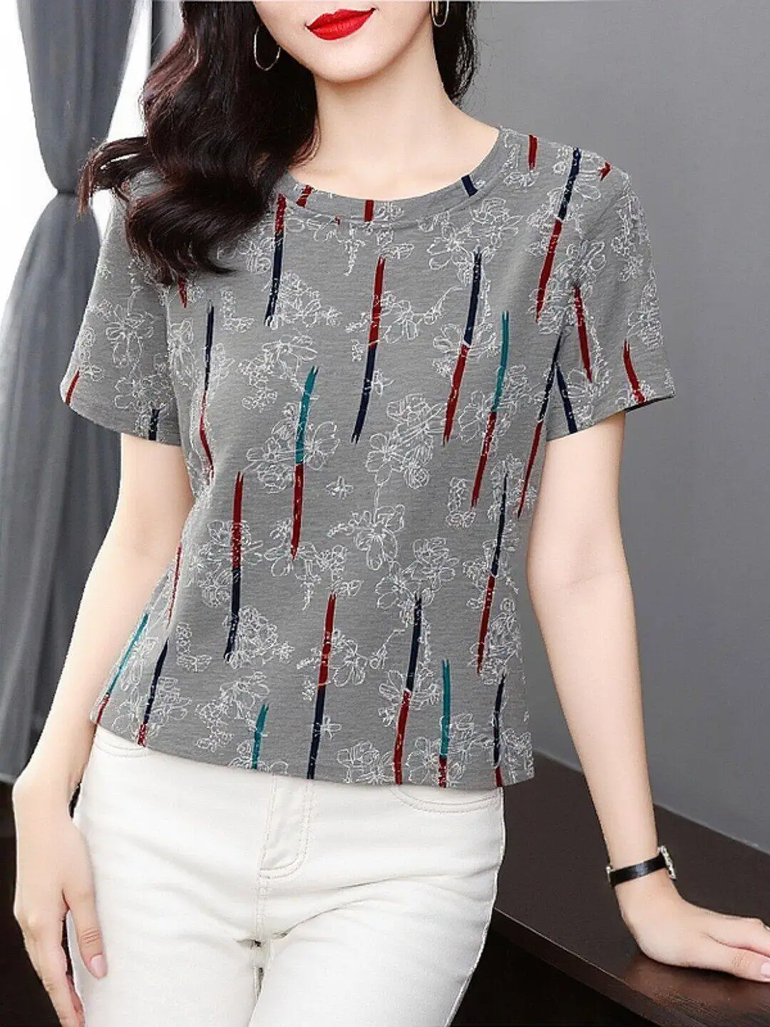 

Summer Women's Loose Short Sleeve round Neck T-Shirt Slimming New Style Casual Polyester Fiber Print Plant Floral Pattern