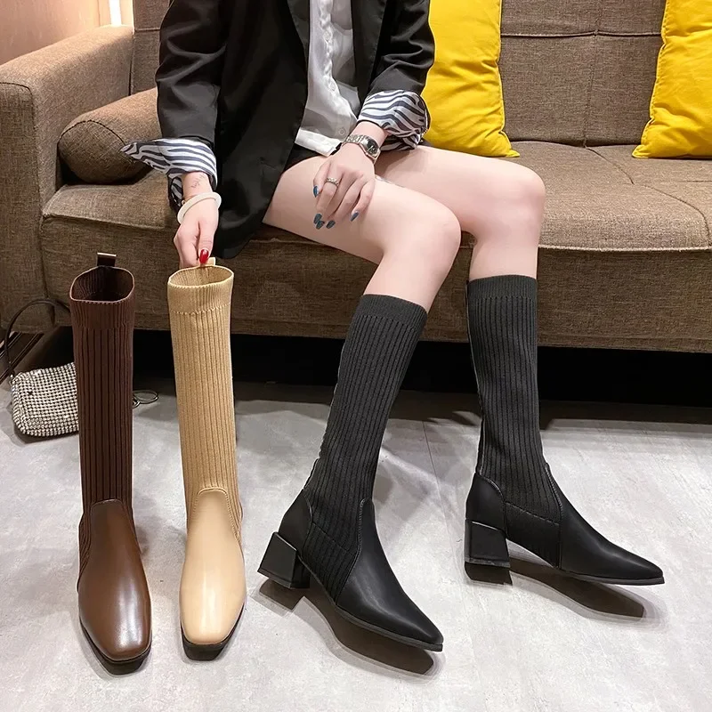 Knee Thigh High Sock Boots Woman Winter 2024 Boot New in  Long Shoes for Women Elegant Autumn Brown Wedges Elastic Hot