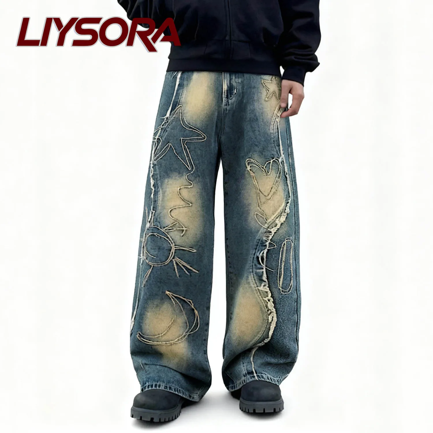 

Korea Vintage Style Men's Streetwear Baggy Wide-Leg Jeans Youth Cool Rebel Pattern Embroidery Design Denim Pants Unisex Clothes