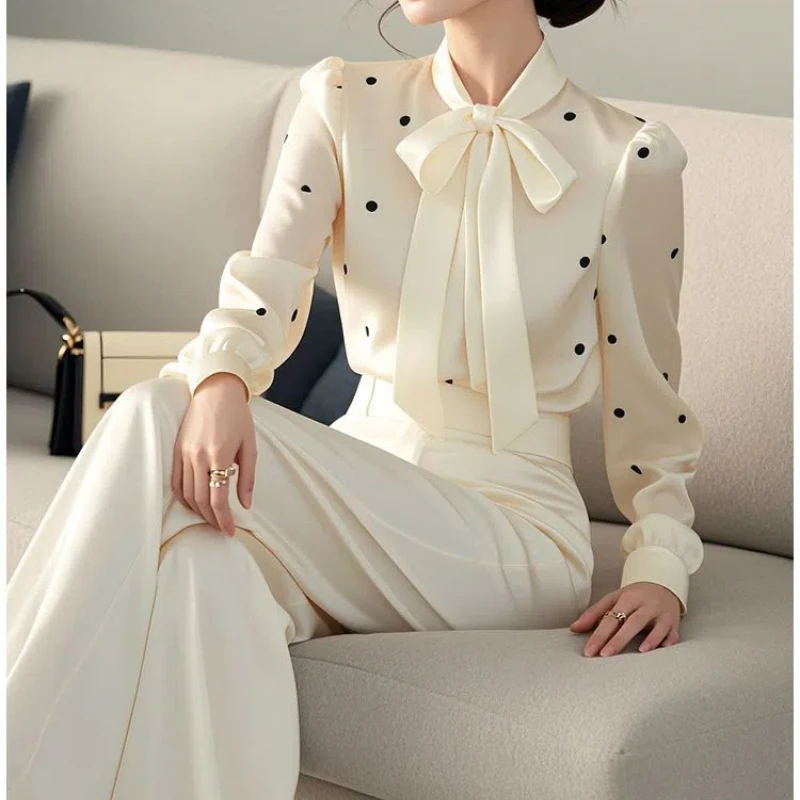 Polka Dot Bow Lacing Elegancka koszula Top Wiosna Jesień Długi rękaw Luźna bluzka Temperament Koreańska moda Odzież damska