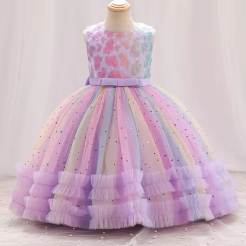 New Girl Embroidered Star Sequin Rainbow Mesh Sleeveless Dress Christmas Birthday Party Evening Dress for 1-10 Years Girl