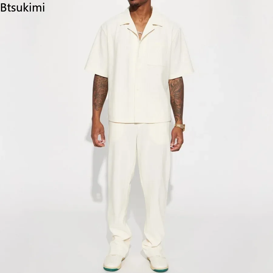 New Men's Solid 2 Piece Sets Casual Streetwear Loose Short Sleeve Lapel Shirt and Pants Outfits Spring Summer Tracksuits Sets