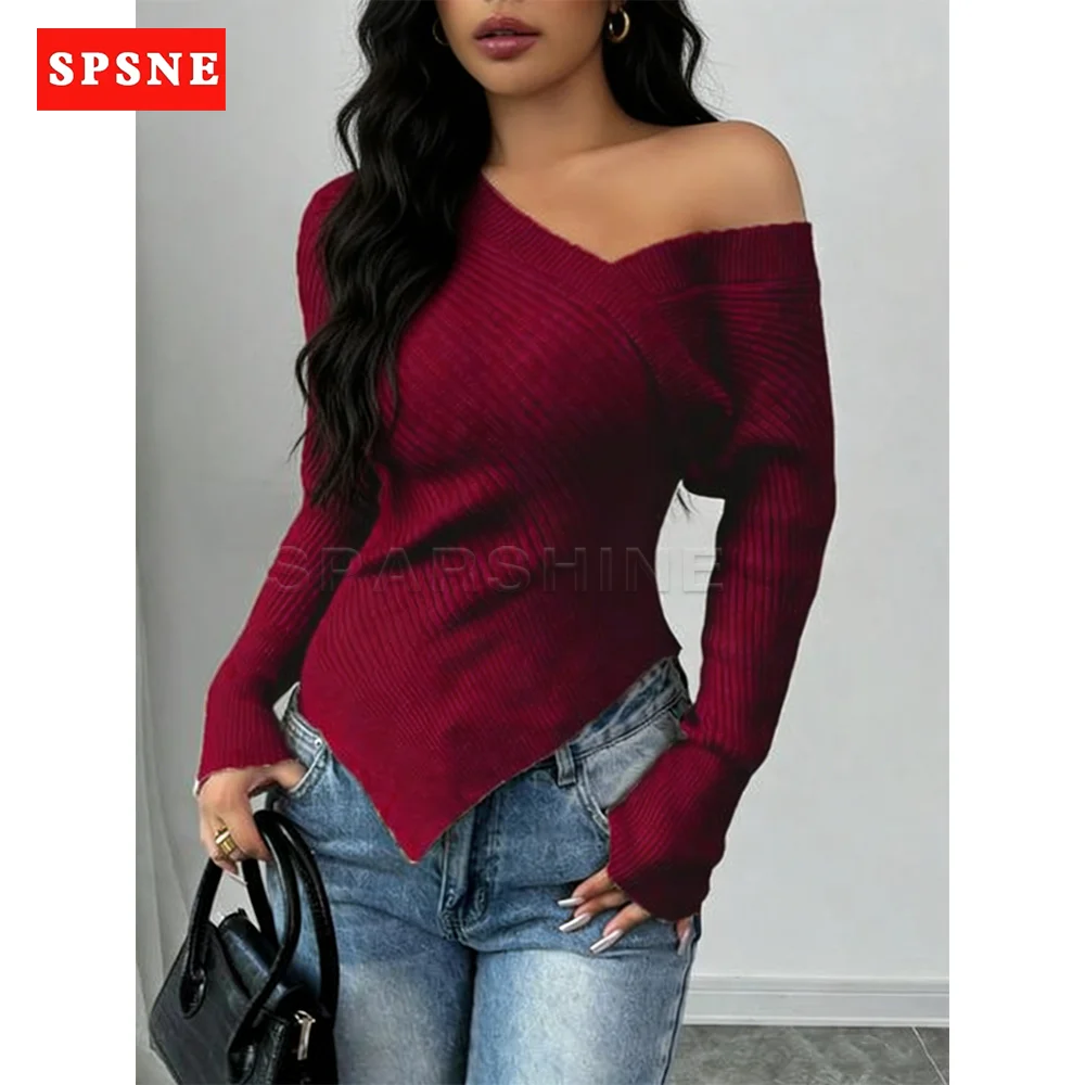 

Women Off The Shoulder Ribbed Sweater Soft Stretch Wrap Around Asymmetrical Hem Long Sleeve Slim Fit Casual Knit Fashion Top