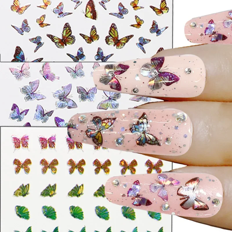 1 arkusz holograficzny naklejka do paznokci 3d Laser motyl pozostawia kwiaty naklejka DIY suwak do Manicure dekoracje artystyczne paznokci — zdjęcie 4