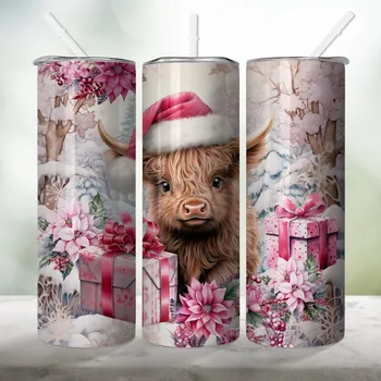 크리스마스 텀블러, 아기 하이랜드 암소 절연 컵, 뚜껑 및 빨대 포함, 여름 겨울 음료 용기, 야외 여행 액세서리, 20 온스 