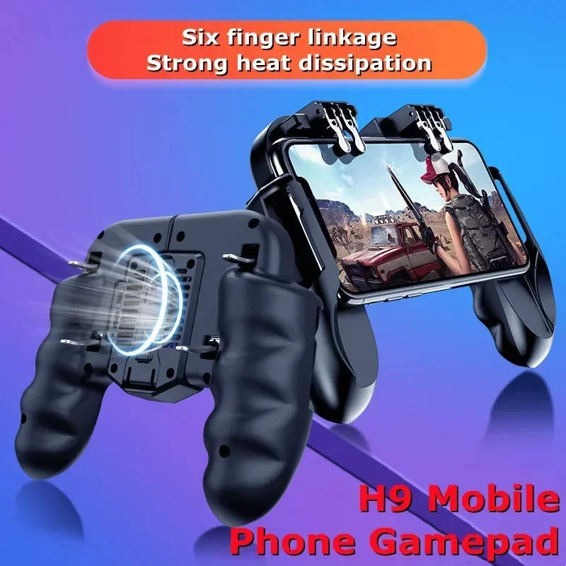 H9 Mobile Phone 6 Finger Gamepad Joystick Controller with Battery Cooling Fan for IOS Android PUBG Aim Shooting Alloy Key Button