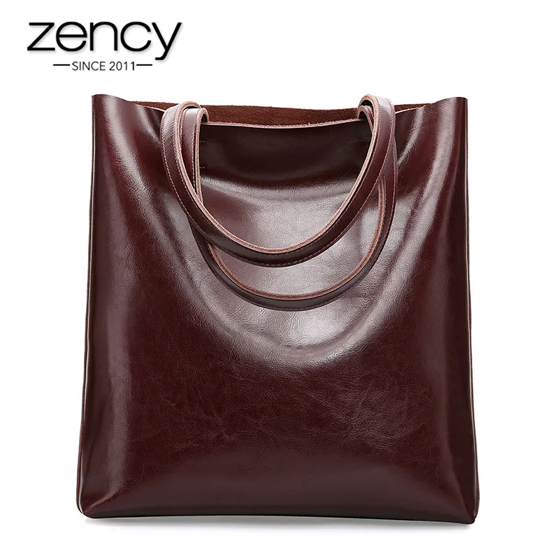 Zency 100% Genuine Leather Vintage Women Shoulder Bag High Quality Fashion Brown Large Capacity Shopping Bags Black Tote Handbag