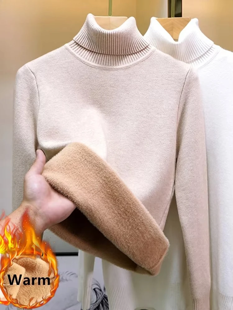Sweter zimowy z golfem damski elegancki zagęszczony aksamitny podszewka ciepły sweter z dzianiny Sueter wąskie topy Jersey dzianina sweter nowość — zdjęcie 3