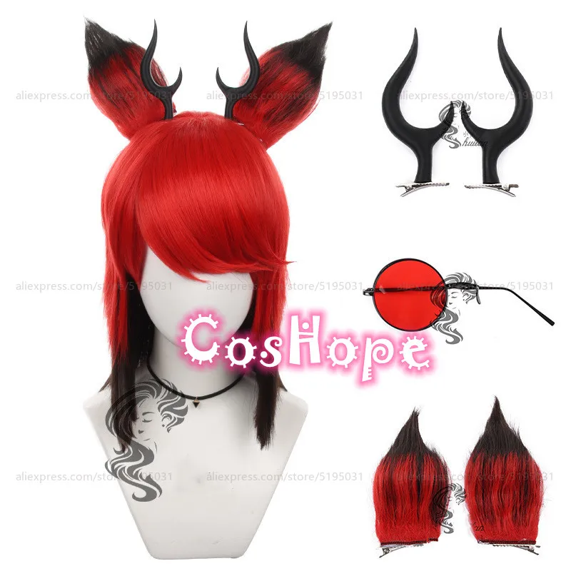 Alastor Cosplay Wig with Ears Horns Glasses 38cm Orange Red Black Wig Cosplay Anime Cosplay Wigs Heat Resistant Synthetic Wigs