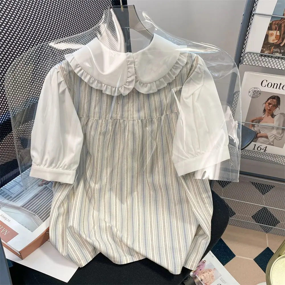 Blue-and-white striped short shirt female French retro little summer Korean high-grade doll collar sweet short-sleeved shirt