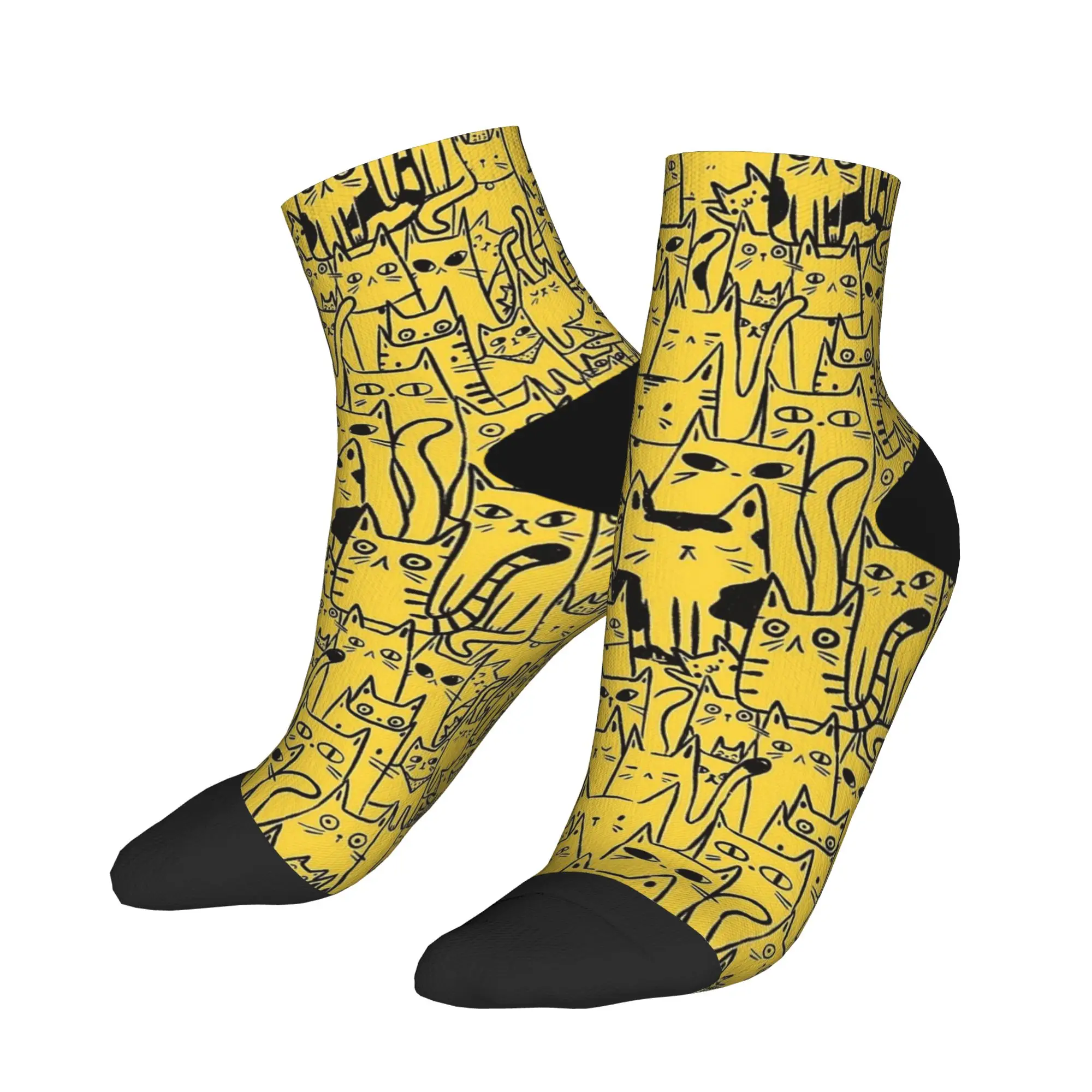 الأسود والأصفر مضحك القط الجوارب القوطية الكاحل الجوارب الصيف المضادة للانزلاق الرجال لينة تنفس الرسم الرياضة في الهواء الطلق جورب غير رسمي