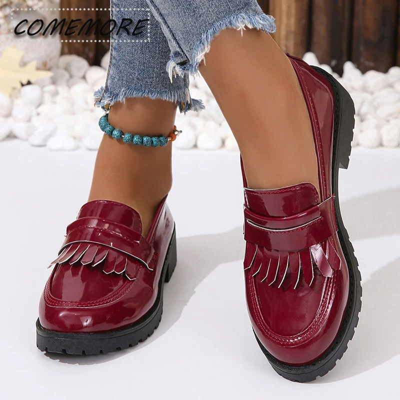 Black Patent Leather Platform Loafers Women Fashion Tassels Shallow Flats Shoes Woman British Style Middle Heels Office Shoes 42