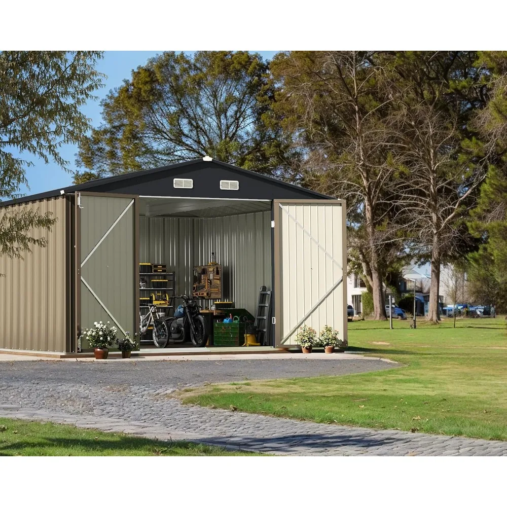 Metal Outdoor Storage Shed 10 Feet X 10 Feet, Steel Tool Shed Storage Shed, Outdoor Storage Shed with Doors and Locks, Brown