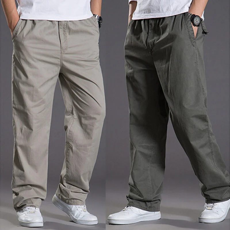 

2023 Mens casual Cargo Cotton pants men pocket loose Straight Pant Elastic Work Trousers Brand Fit Joggers Male Super Large Size