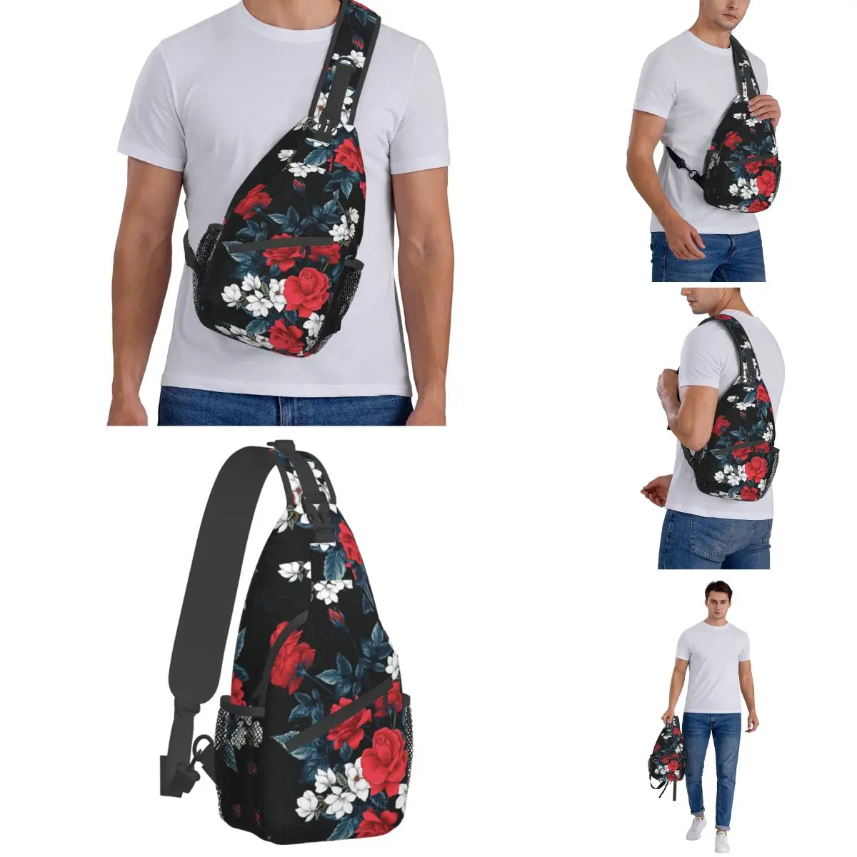 Mochila pequeña con estampado de flores y rosas rojas, bolso de hombro cruzado en el pecho, mochila de viaje para senderismo, bolsas de día con estampado Floral de corazón