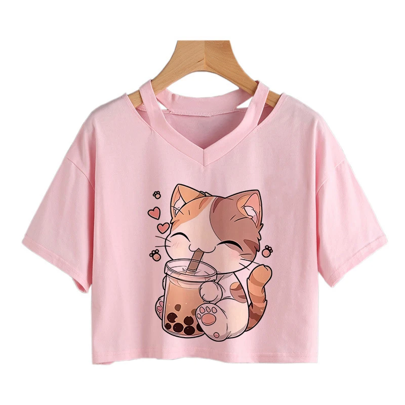 A Cute Patterned Orange Tabby Cat with A Smile Print Crop Tops Tshirt Women Graphic Tshirt Short Sleeve Cropped T Shirt Clothes
