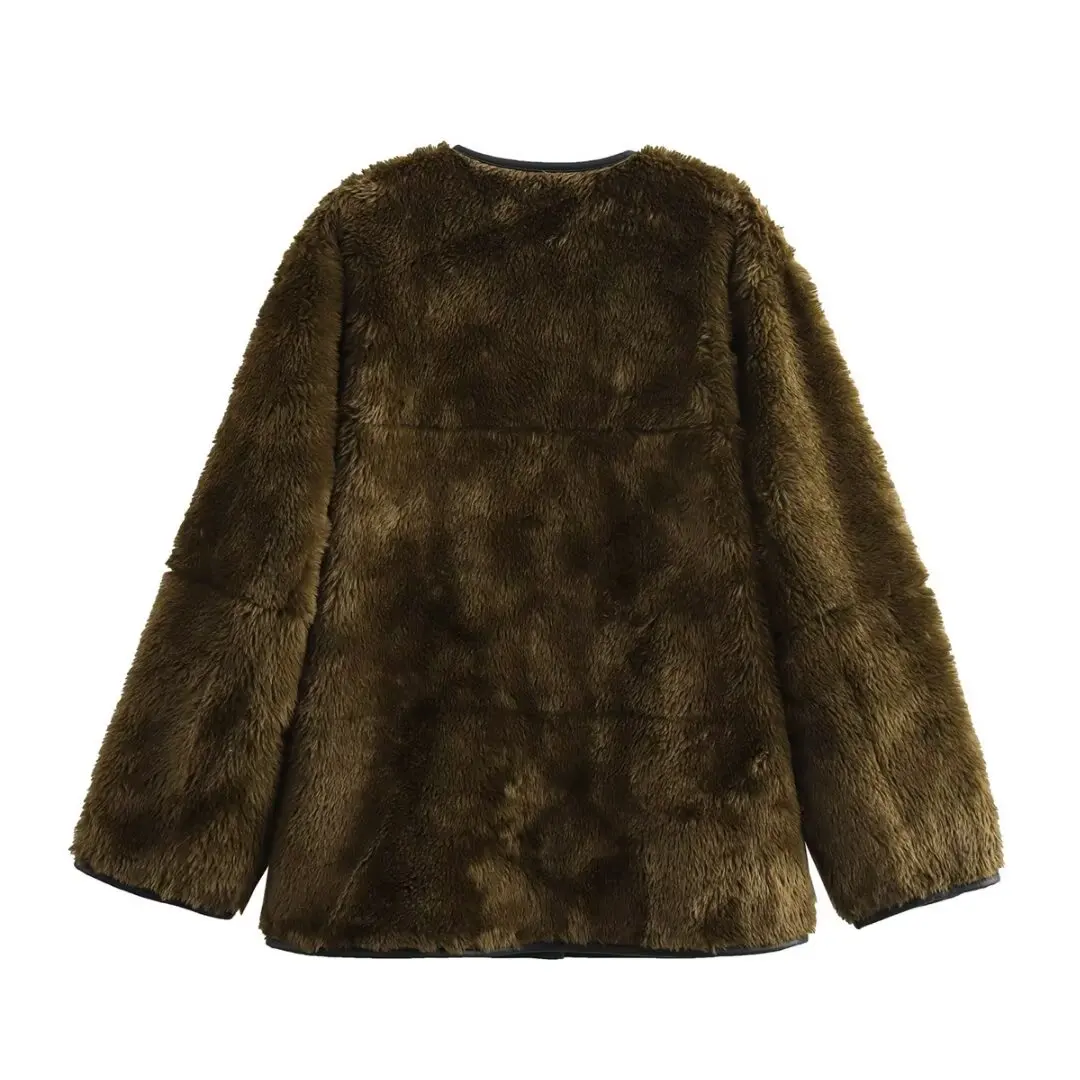 سترة نسائية موضة 2025 على الطراز الأوروبي والأمريكي لخريف جديد بخياطة من الفرو الصناعي بياقة دائرية وأكمام طويلة ملابس خارجية Mujer