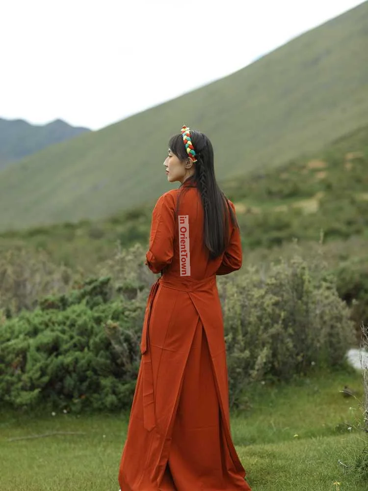 

Ethnic Style Gown Robe v-Neck Spring Dance Performance Costume Tibetan Long Sleeve Clothing Women's Edge Packed Bola Dress