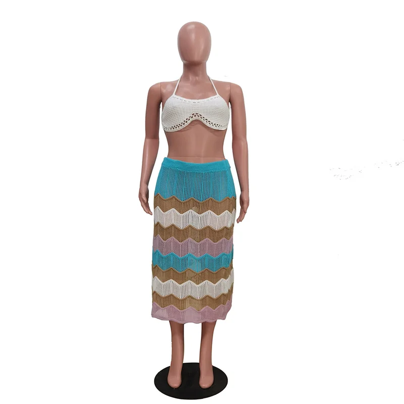 plus Size XXL 2PCS Women's Knitting Bikini Cover-Up Set Sexy Halter Crop Top High Waist Skirt Bottom Wrap Long Beach Dress