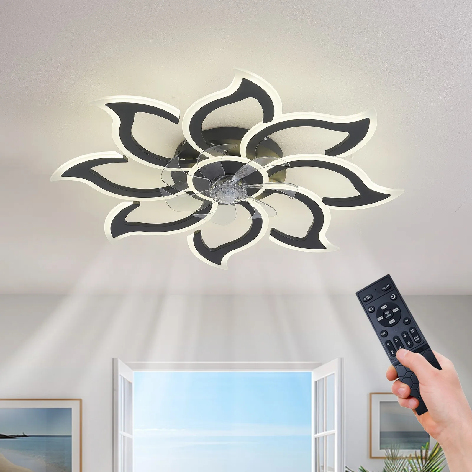 

34'' Ceiling Fan with LED Light Modern Flower Flush Mount Remote APP Control Kit