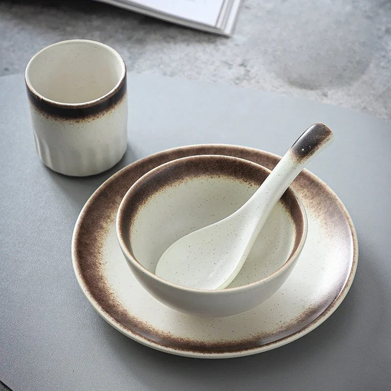 

Japanese Clay Tableware Set 4 Pieces Restaurant Table Setting Ceramic Bowls Plate Spoon Cup Home Kitchen Supplies Dinnerware