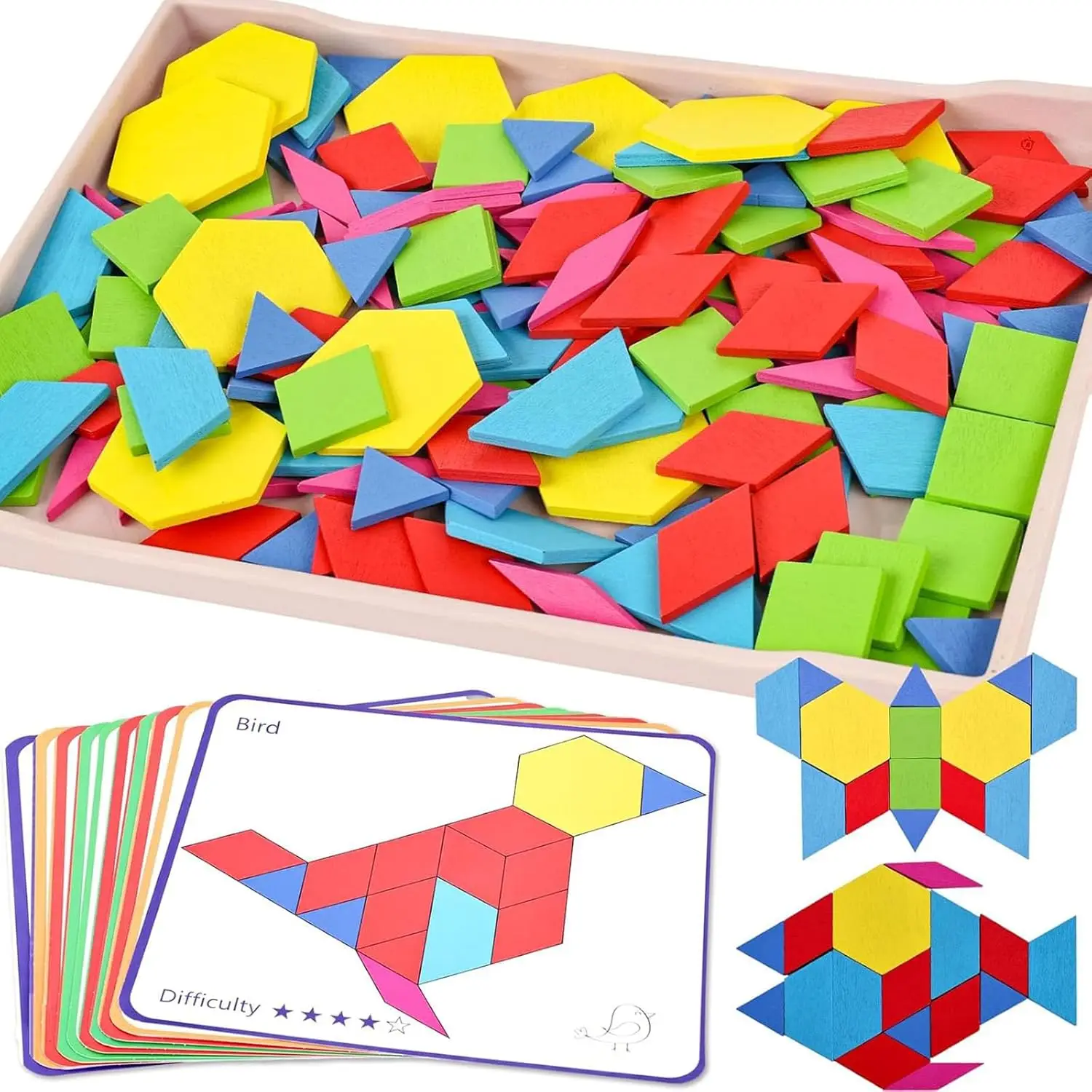 

Wooden Pattern Blocks Shapes for Kids, Geometric Tangram Puzzle with Activity Cards, 150 PCS Educational Toy